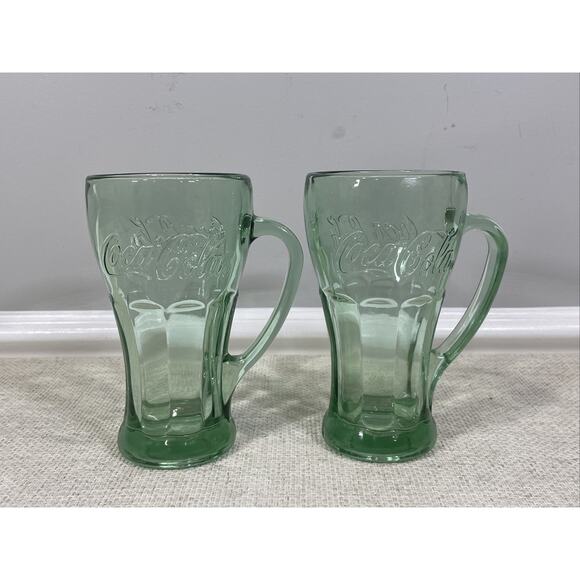 Vintage Libbey Coca Cola Green Glass Mugs W/ Handle Heavy 14 Oz Set of 2 - Picture 1 of 16